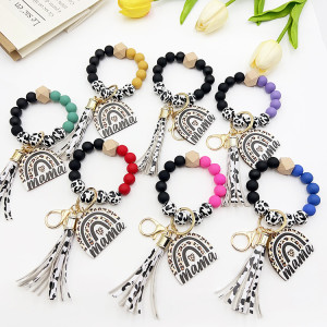 Round Beads Cow Pattern Wood Beads Mama Rainbow Wood Brand Tassel Hand Chain Keychain Mom