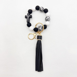 Silicone Cross Leopard Pattern Wood Bead Bracelet PU Tassel Keychain