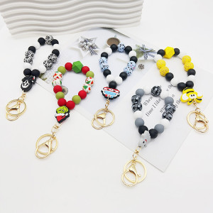 Silicone Christmas Grinch Pumpkin Cow Ghost Dog Claw Wooden Bead Hand Chain Keychain
