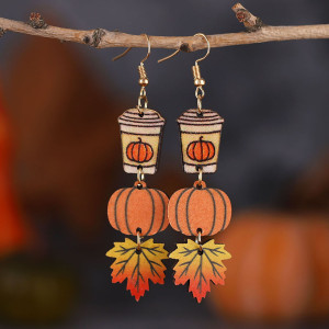 Autumn Thanksgiving Pumpkin Maple Leaf Coffee Cup Earrings for Women Double sided Wood Earrings