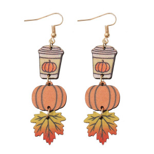 Autumn Thanksgiving Pumpkin Maple Leaf Coffee Cup Earrings for Women Double sided Wood Earrings