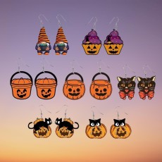 Halloween Terror Smiling Face Pumpkin Handheld Black Cat Candy Basket Wooden Earrings