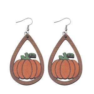 Autumn Thanksgiving Pumpkin Earrings Cute Hollow Droplets Double sided Wooden Earrings