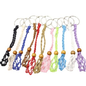 Handmade woven mesh pocket woven keychain with adjustable telescopic rope