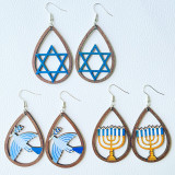 Hanukkah Water Droplet Hollow Wooden Earrings Candle Star Earrings