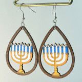 Hanukkah Water Droplet Hollow Wooden Earrings Candle Star Earrings