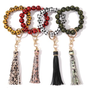 Halloween Thanksgiving Christmas Black and white plaid leopard print tassel wood bead bracelet keychain pendant