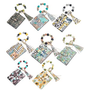 Leopard print change card case with printed beaded wood bead tassel keychain