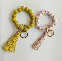 Baseball silicone bead bracelet, wooden bead PU leather tassel keychain