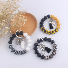 Silicone wrist keychain leather small tassel printed leopard print beaded bracelet