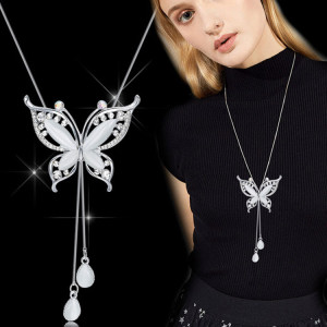 Butterfly Cat's Eye Stone Diamond Set Long Necklace