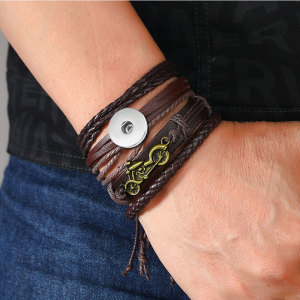Handwoven leather motorcycle riding leather bracelet fit 20MM Snaps button jewelry wholesale