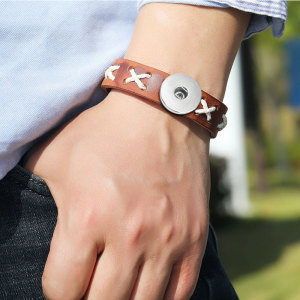 Vintage punk hemp rope woven cowhide bracelet fit 20MM Snaps button jewelry wholesale