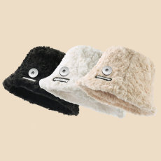 Imitation Rabbit Hair Black Label Letter Fisherman Hat Water Bucket Hat Plush Warm Pot Hat fit 20MM Snaps button jewelry wholesale