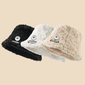 Imitation Rabbit Hair Black Label Letter Fisherman Hat Water Bucket Hat Plush Warm Pot Hat fit 20MM Snaps button jewelry wholesale