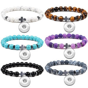 Red Pine Stone Tiger Eye Stone Volcano Stone Natural Stone Cross Elastic Bracelet fit  20MM Snaps button  wholesale