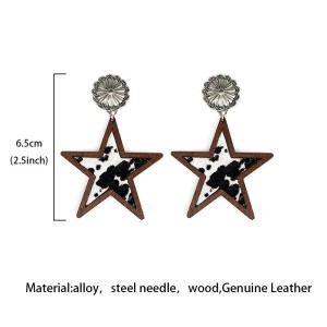 Western Cowboy Five Point Star Natural Genuine Leather Earrings with Leopard Pattern Cow Pattern Wood Earrings