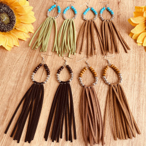 Long turquoise tassel leather earrings