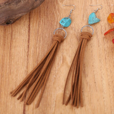 Long turquoise tassel leather earrings