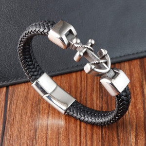 21CM Stainless steel genuine leather woven leather bracelet