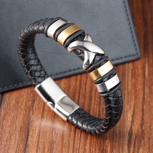 21CM Stainless steel genuine leather woven leather bracelet