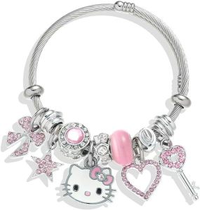 Stainless Steel KT Cat Cute Cat Beaded Open Bracelet