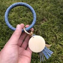 PU bracelet keychain punk denim leather bracelet tassel wood chip pendant
