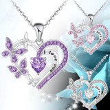 Valentine's Day Fashion Love Butterfly Rhinestone Love You Simple Necklace Alloy Pendant Necklace