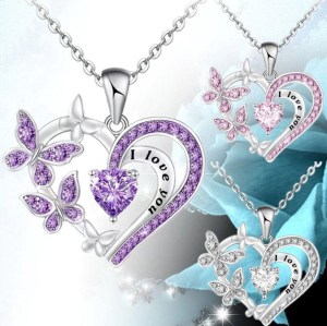 Valentine's Day Fashion Love Butterfly Rhinestone Love You Simple Necklace Alloy Pendant Necklace