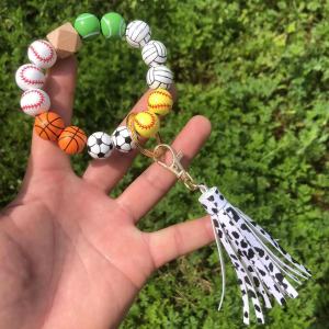 Bead Bracelet Football Basketball Creative Wood Bead Bracelet Keychain Tassel Pendant Pendant