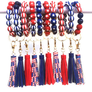 Wooden Bead Bracelet Keychain American Flag Beaded Bracelet Tassel Pendant