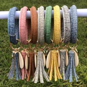 PU bracelet keychain punk denim leather bracelet tassel wood chip pendant