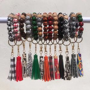 Christmas Black and White Red Plaid Bead Bracelet Leopard Pattern Tassel Wood Bead Bracelet Keychain