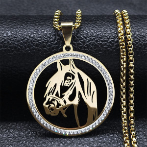 Stainless Steel Horse Head Rhinestone Pendant Necklace