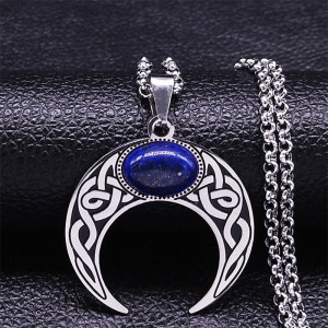 Stainless steel blue natural stone pendant necklace