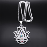 Stainless Steel Lotus Yoga Rhinestone Pendant Necklace