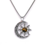 Stainless Steel Natural Stone Moon Sun Pendant Necklace