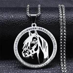 Stainless Steel Horse Head Rhinestone Pendant Necklace