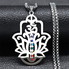 Stainless Steel Lotus Yoga Rhinestone Pendant Necklace