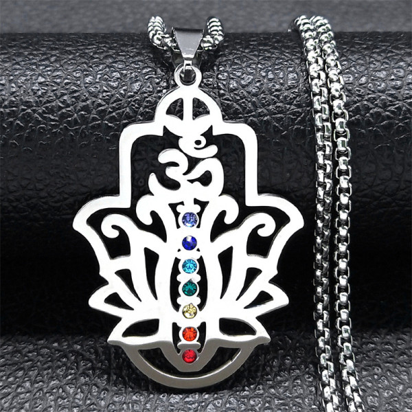 Stainless Steel Lotus Yoga Rhinestone Pendant Necklace