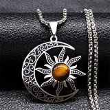 Stainless Steel Natural Stone Moon Sun Pendant Necklace