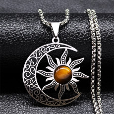 Stainless Steel Natural Stone Moon Sun Pendant Necklace