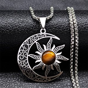 Stainless Steel Natural Stone Moon Sun Pendant Necklace