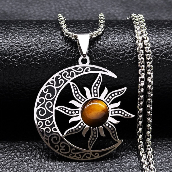 Stainless Steel Natural Stone Moon Sun Pendant Necklace