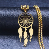 Stainless steel feather dream catcher pendant necklace