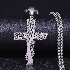 Stainless Steel Life Tree Cross Pendant Necklace