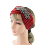 Diamond studded six leaf gemstone knitted wool hair band sports headband woven warm hair accessories