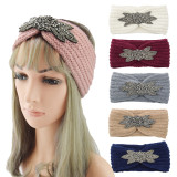 Diamond studded six leaf gemstone knitted wool hair band sports headband woven warm hair accessories