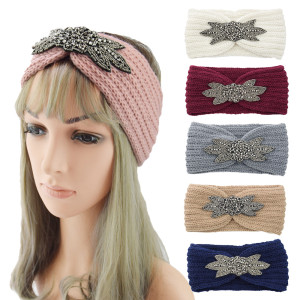 Diamond studded six leaf gemstone knitted wool hair band sports headband woven warm hair accessories