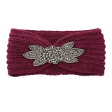 Diamond studded six leaf gemstone knitted wool hair band sports headband woven warm hair accessories